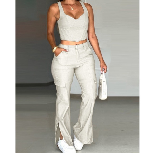 chicme Pants - Khaki Crop Top and Cargo Pant Set Size L